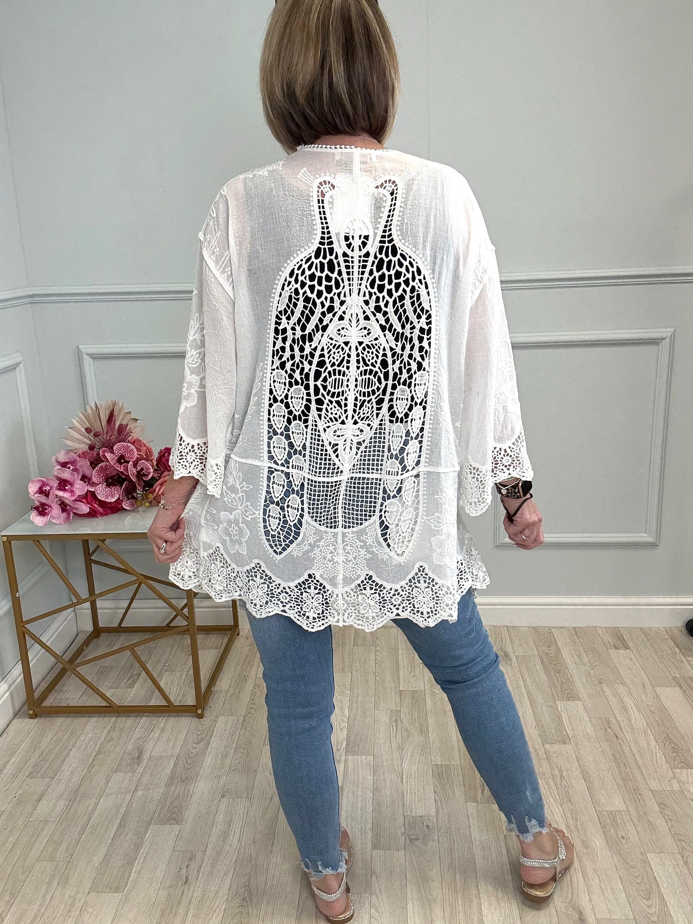 Karli Tie Front Crochet Kimono Jacket