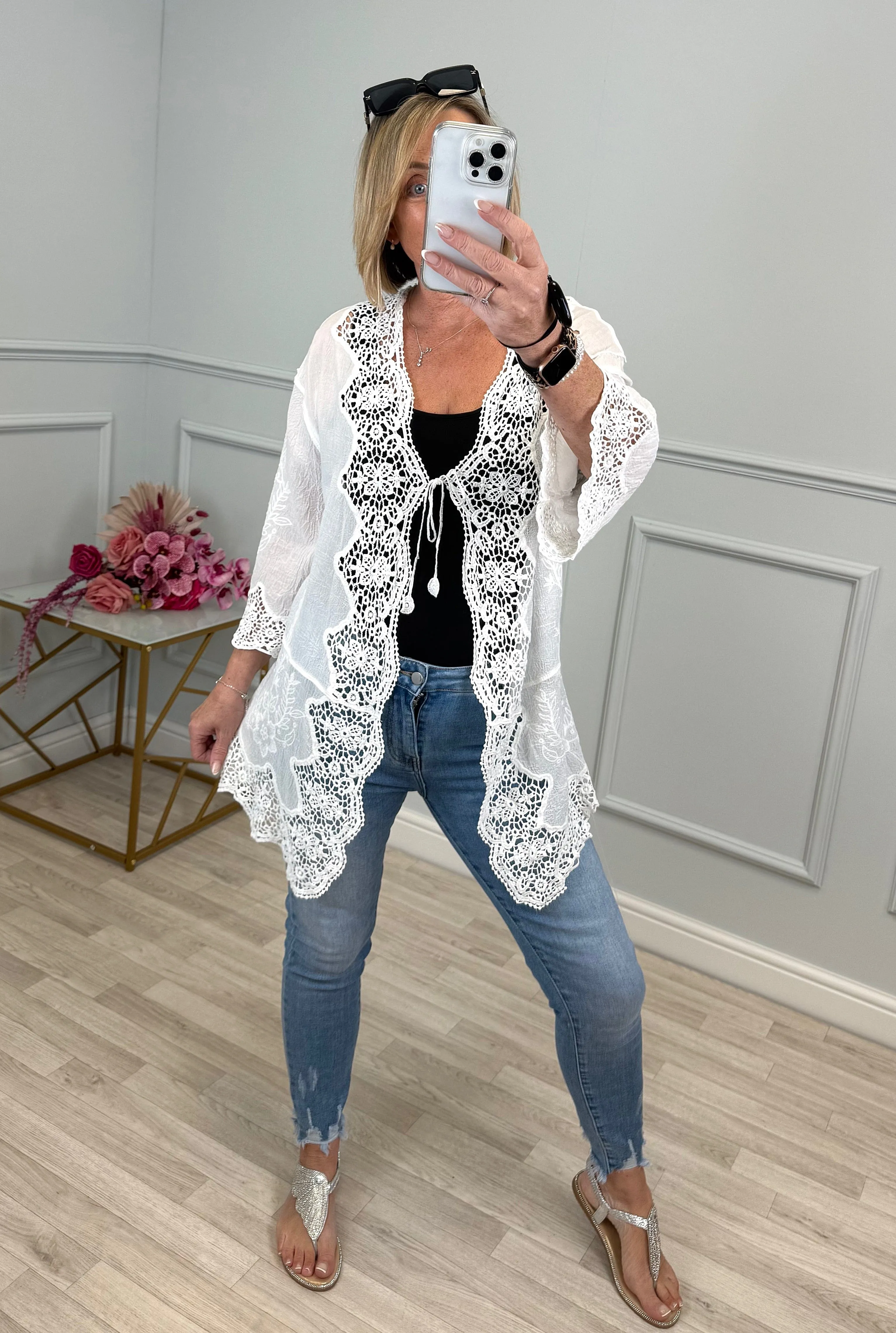 Karli Tie Front Crochet Kimono Jacket