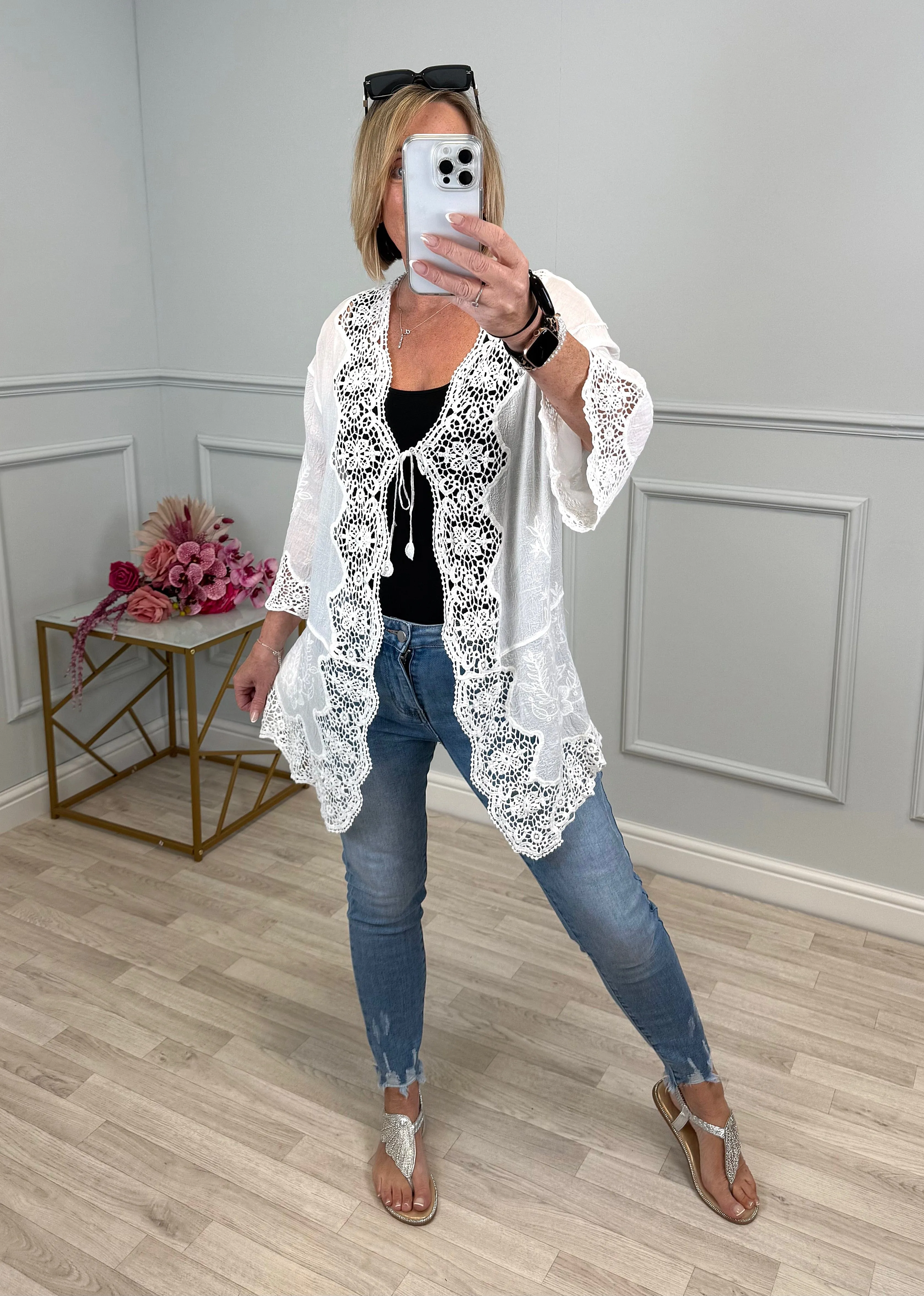 Karli Tie Front Crochet Kimono Jacket