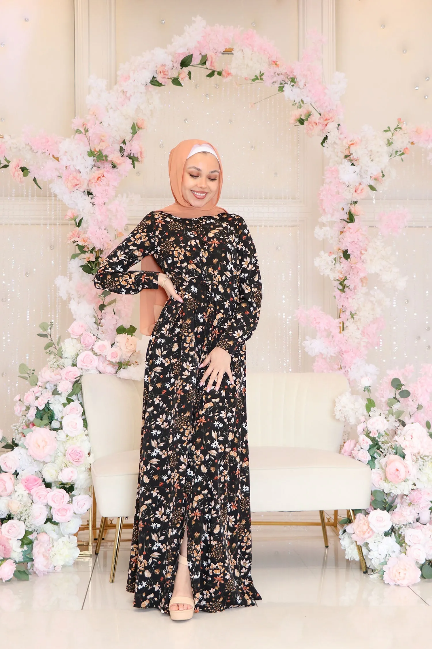 Keya Floral Button Dress- Black & Pink