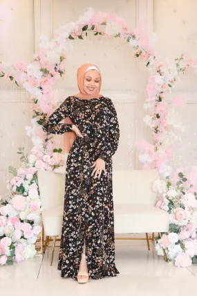 Keya Floral Button Dress- Black & Pink