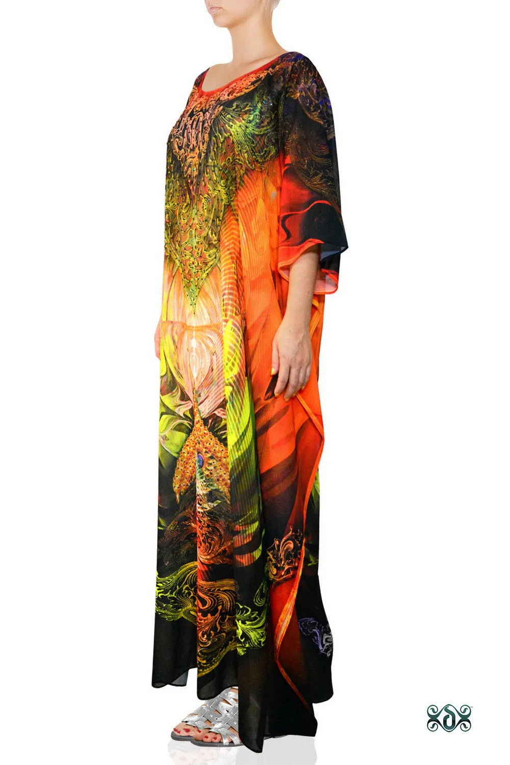 LA Futurismo Fiery Furnace Devarshy Crystals Embellished Long Printed Kaftan - 1052B