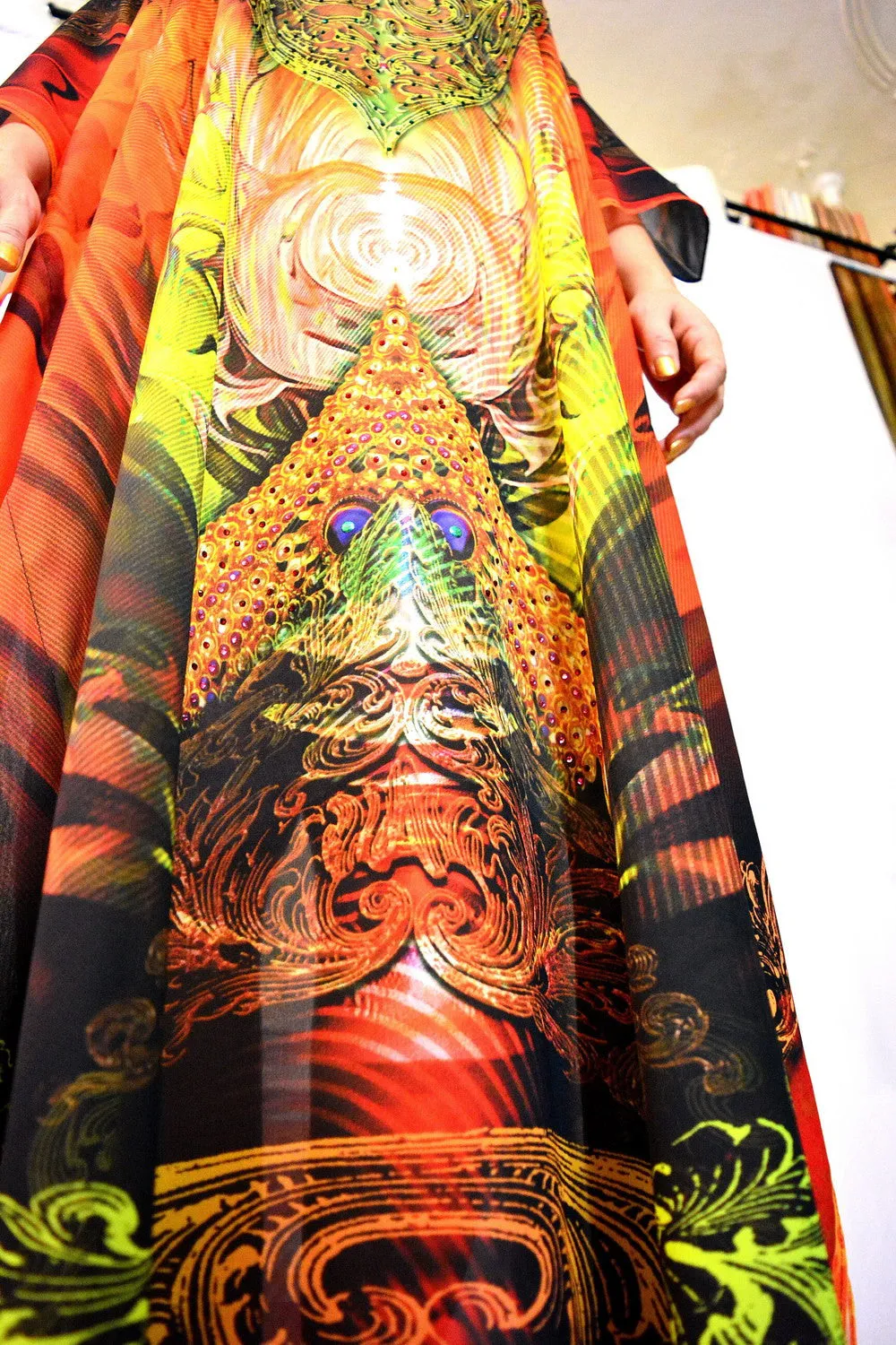 LA Futurismo Fiery Furnace Devarshy Crystals Embellished Long Printed Kaftan - 1052B