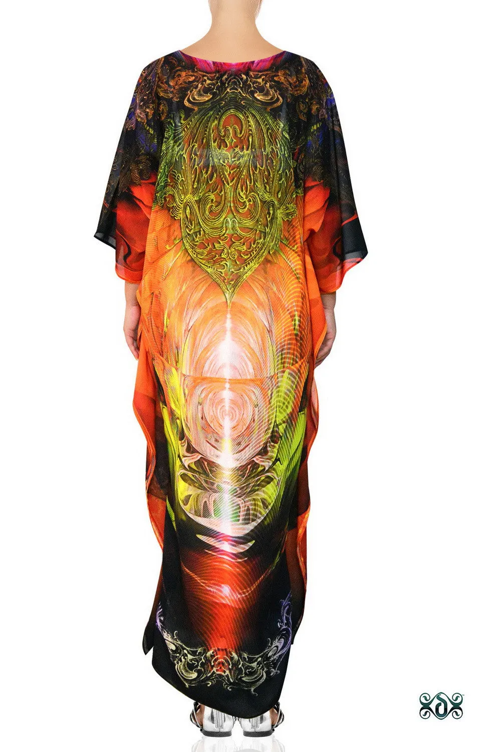 LA Futurismo Fiery Furnace Devarshy Crystals Embellished Long Printed Kaftan - 1052B