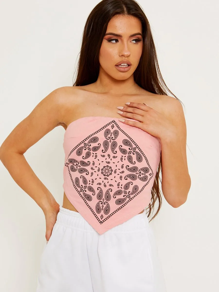 Lina Bandana Scarf Print Crop Top In Coral