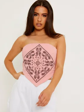 Lina Bandana Scarf Print Crop Top In Coral