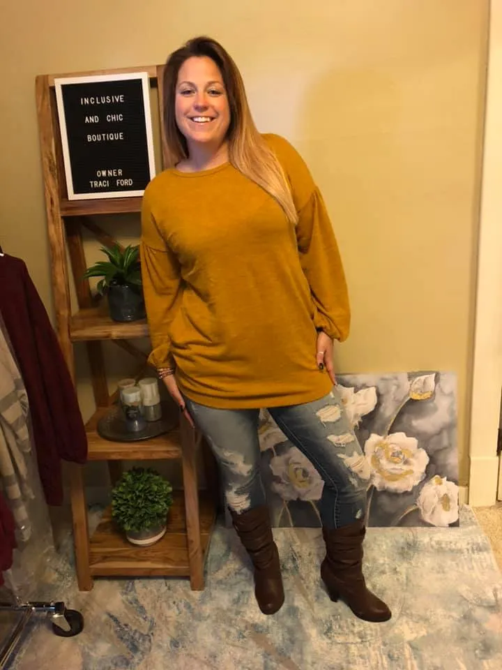 Long Bubble Sleeve Tunic with Pockets (Available in: Burgundy, Mustard, Navy)