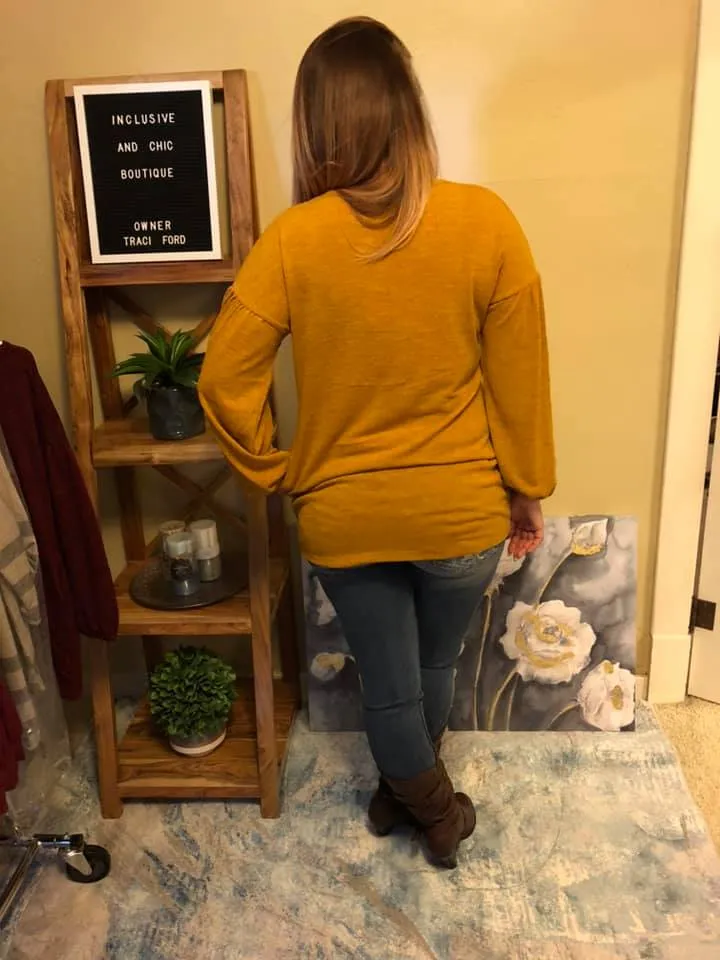 Long Bubble Sleeve Tunic with Pockets (Available in: Burgundy, Mustard, Navy)