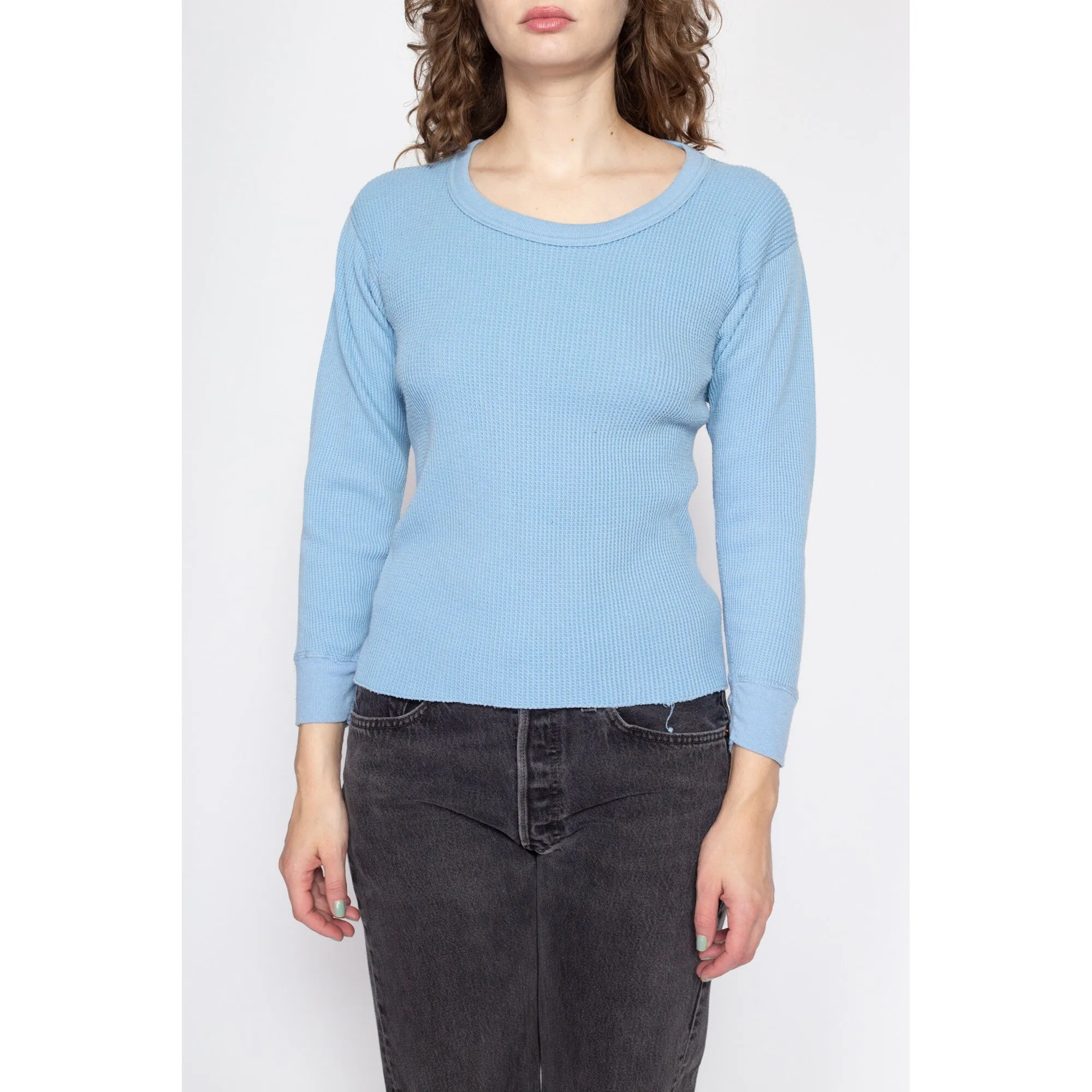 Medium 80s Baby Blue Waffle Knit Thermal Shirt