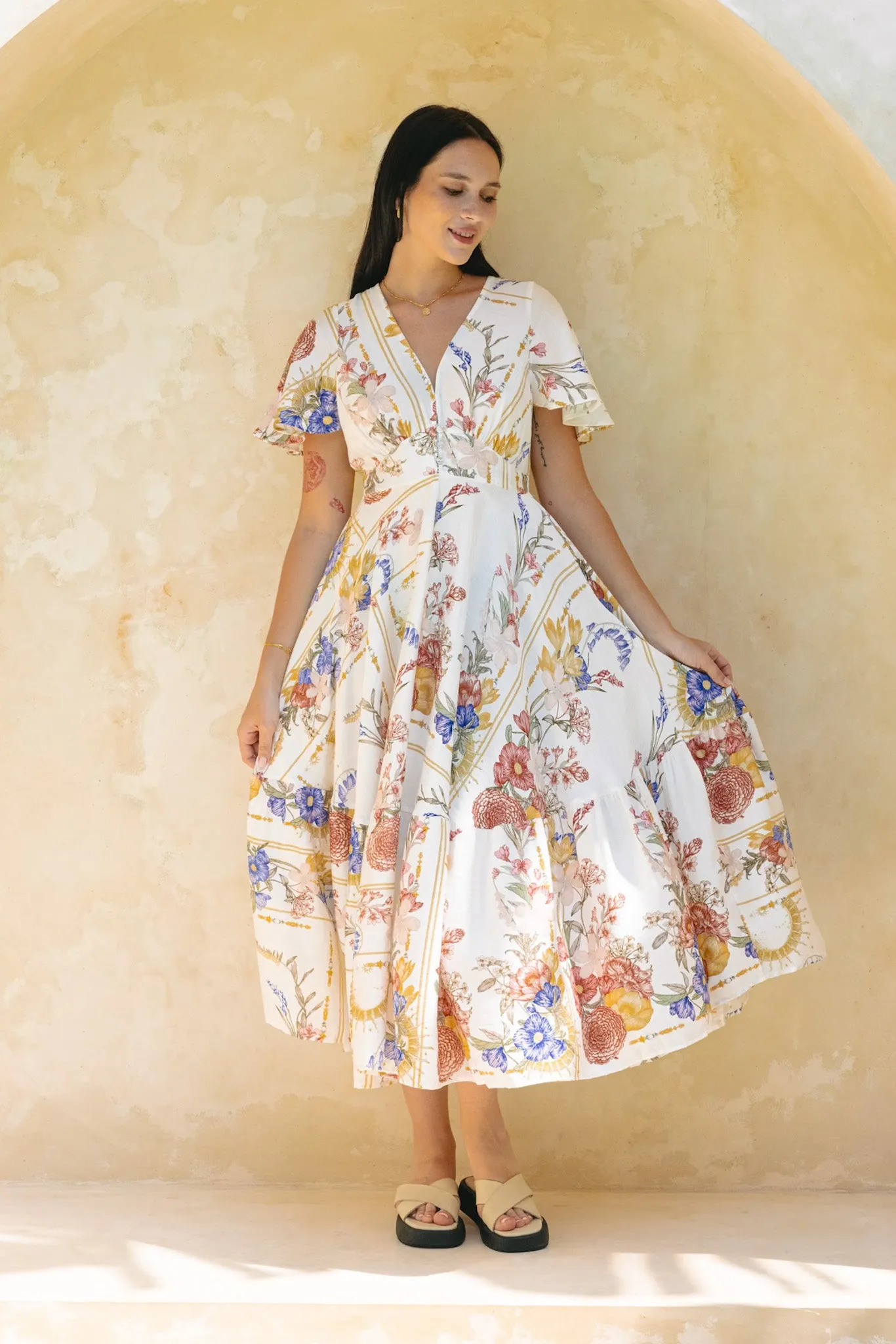 Melina Multicolour Floral V-Neck Midi Dress