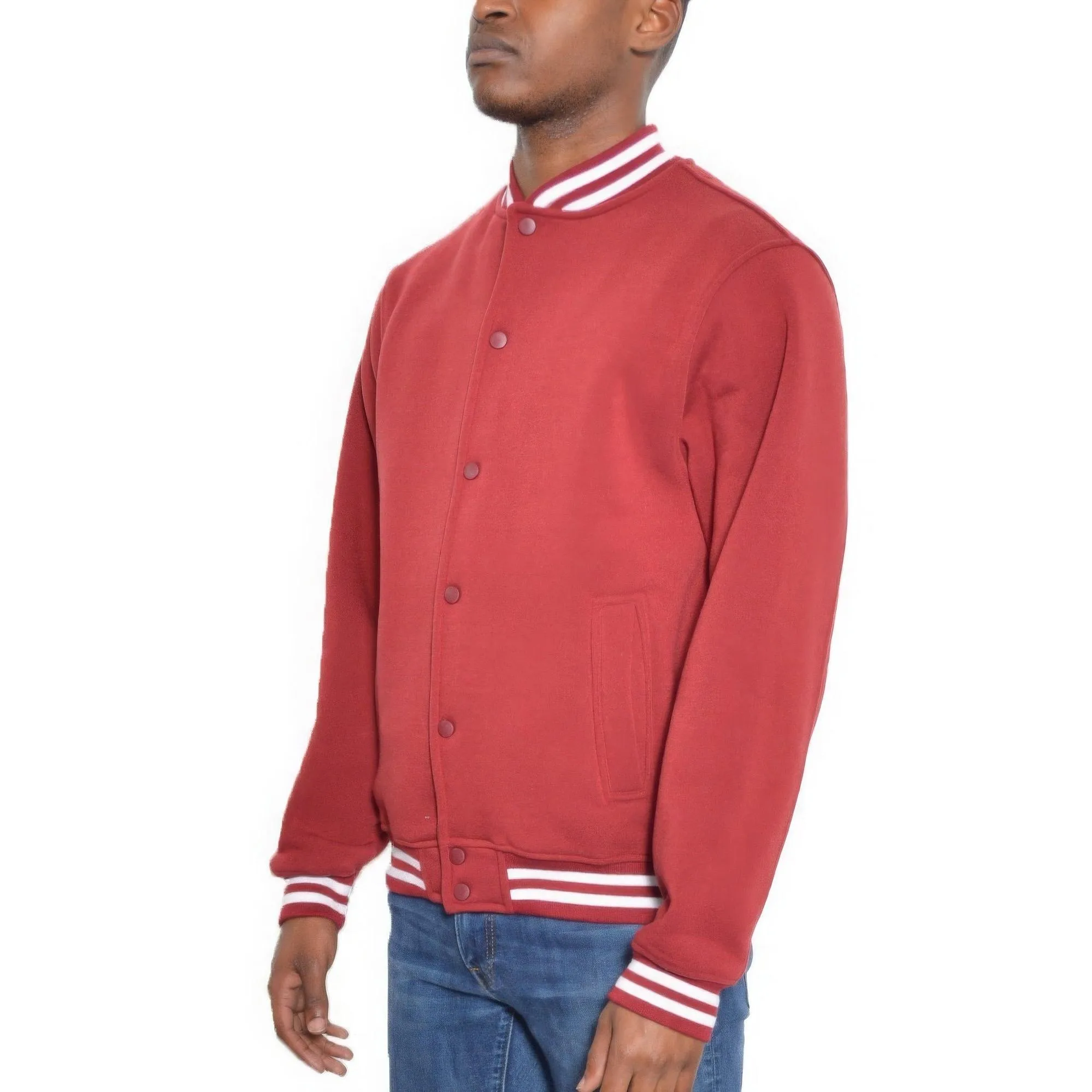Mens Red Fleece Snap Button Varsity Jacket