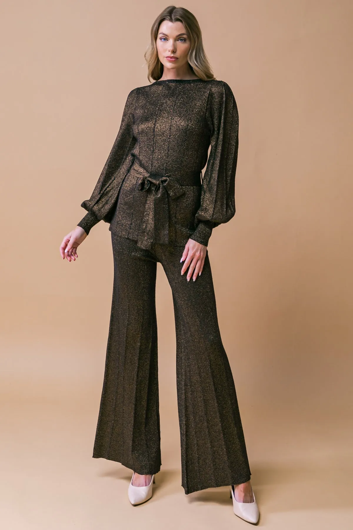 Metallic Sweater Knit Tunic and Pants Set