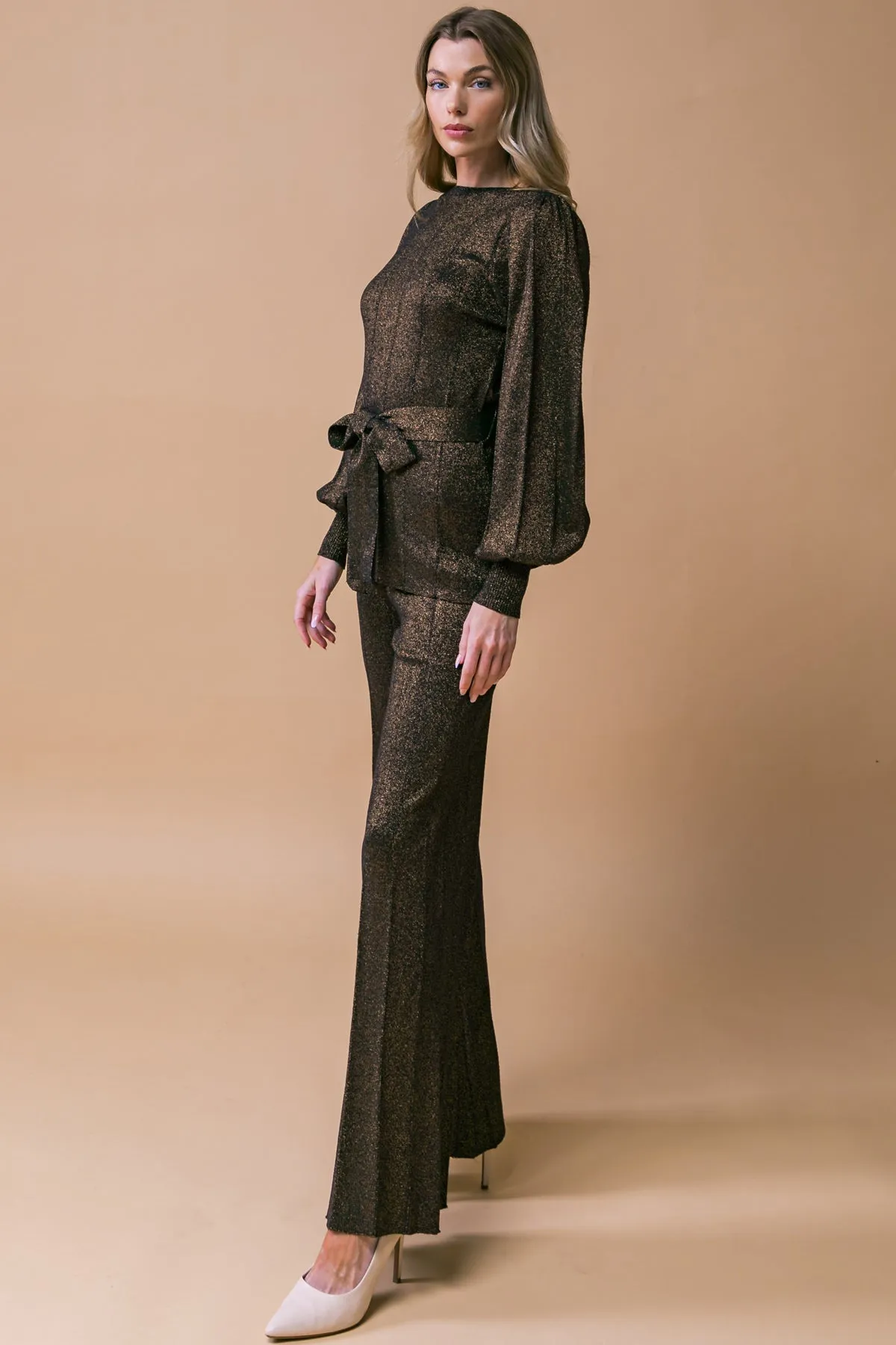 Metallic Sweater Knit Tunic and Pants Set
