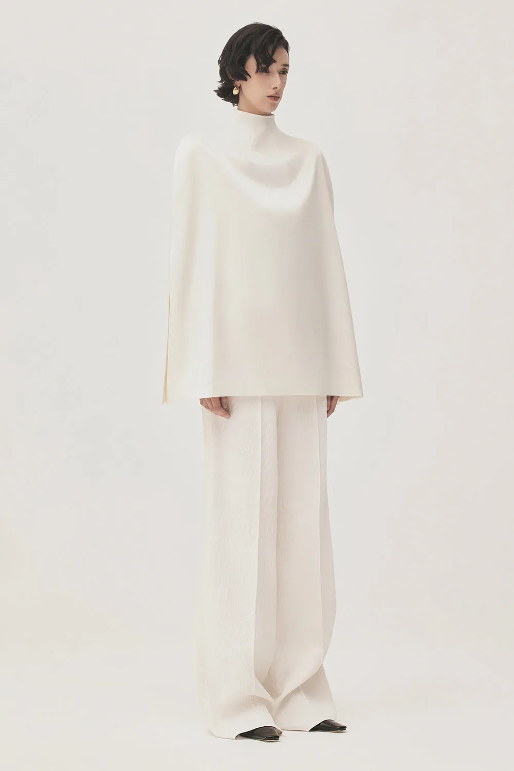 Minh Nga Trapezoid High Neck Satin Cape