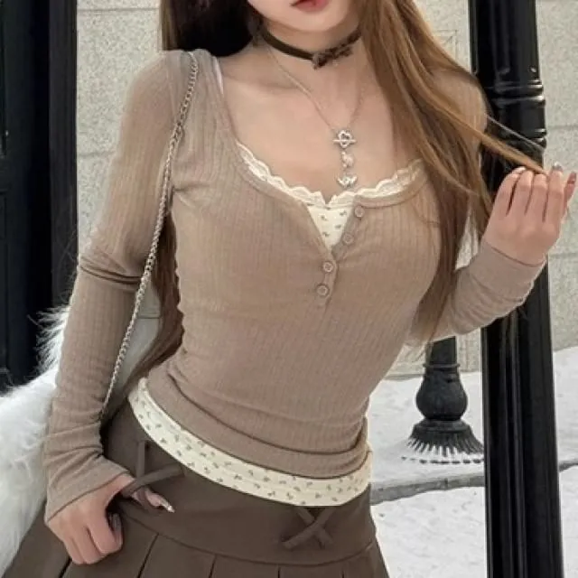 Mock Two-Piece Long-Sleeve Square Neck Floral Panel Slim Fit T-Shirt