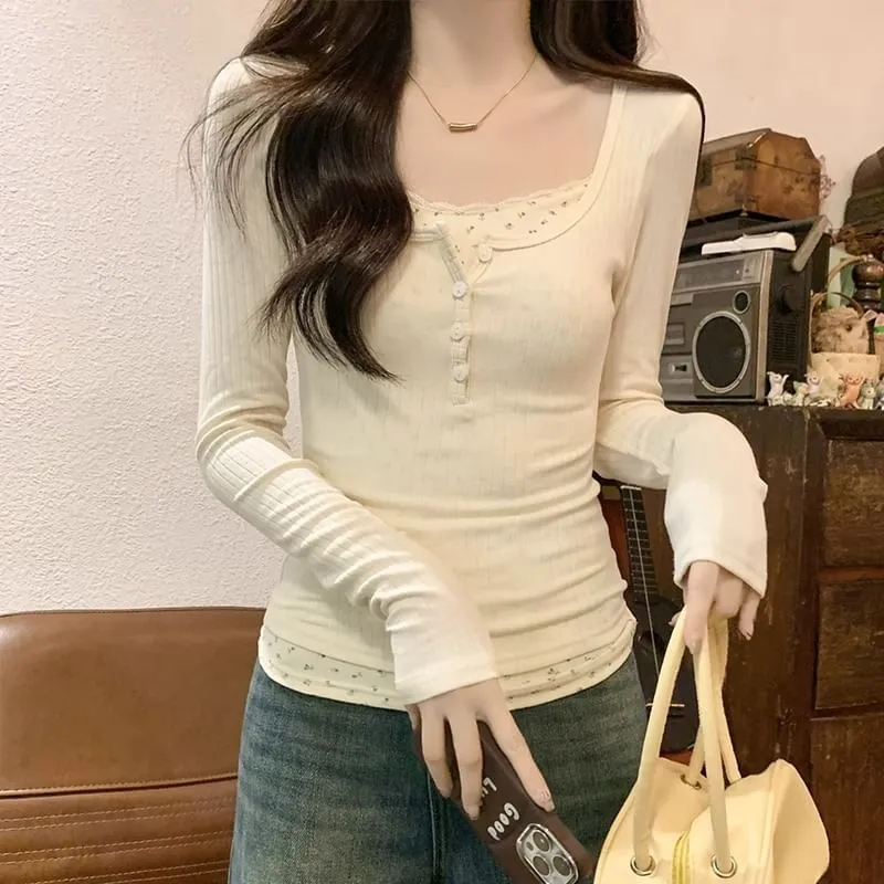 Mock Two-Piece Long-Sleeve Square Neck Floral Panel Slim Fit T-Shirt