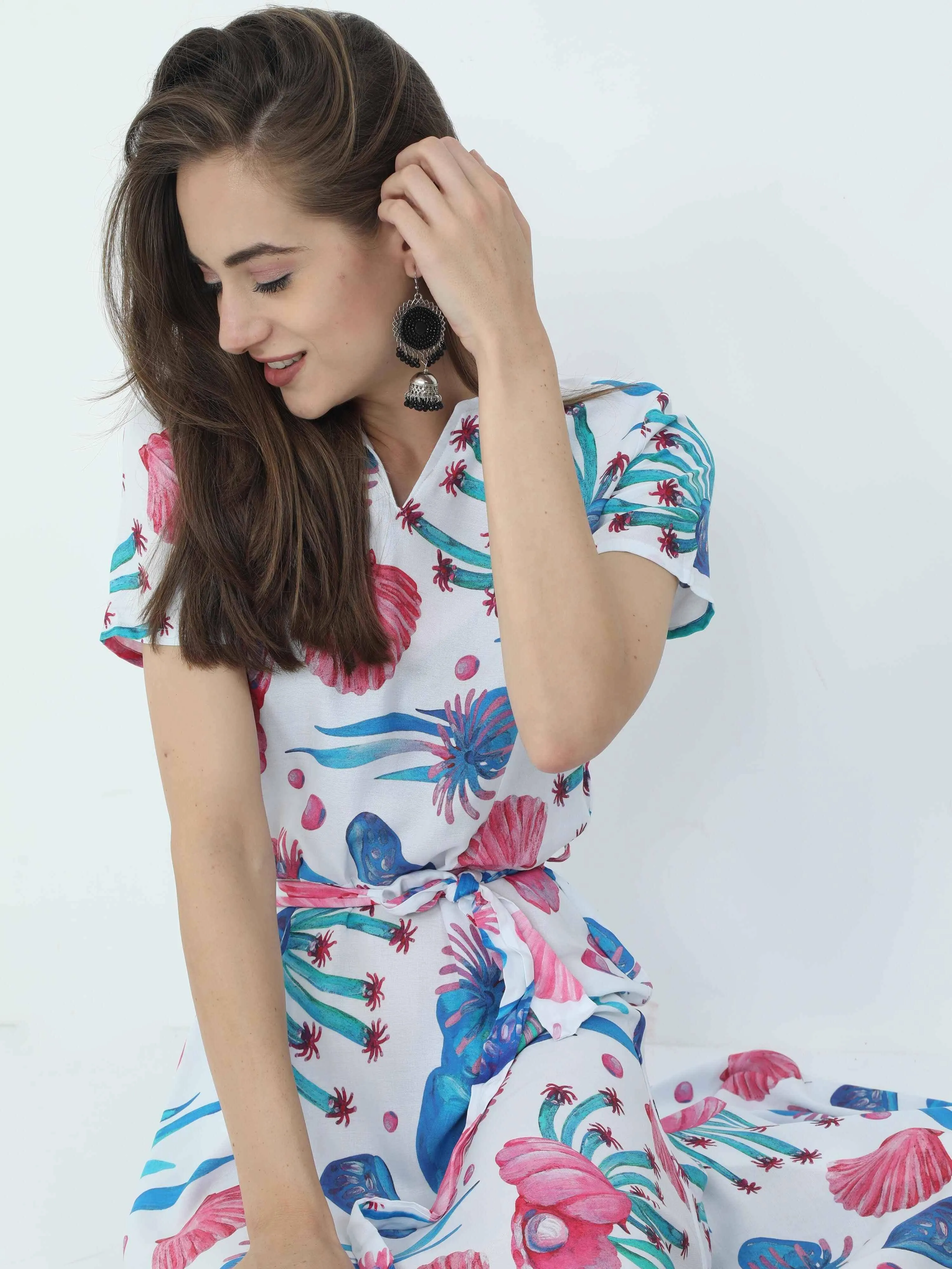 Multicolored Digital Print Fit & Flare Maxi Dress