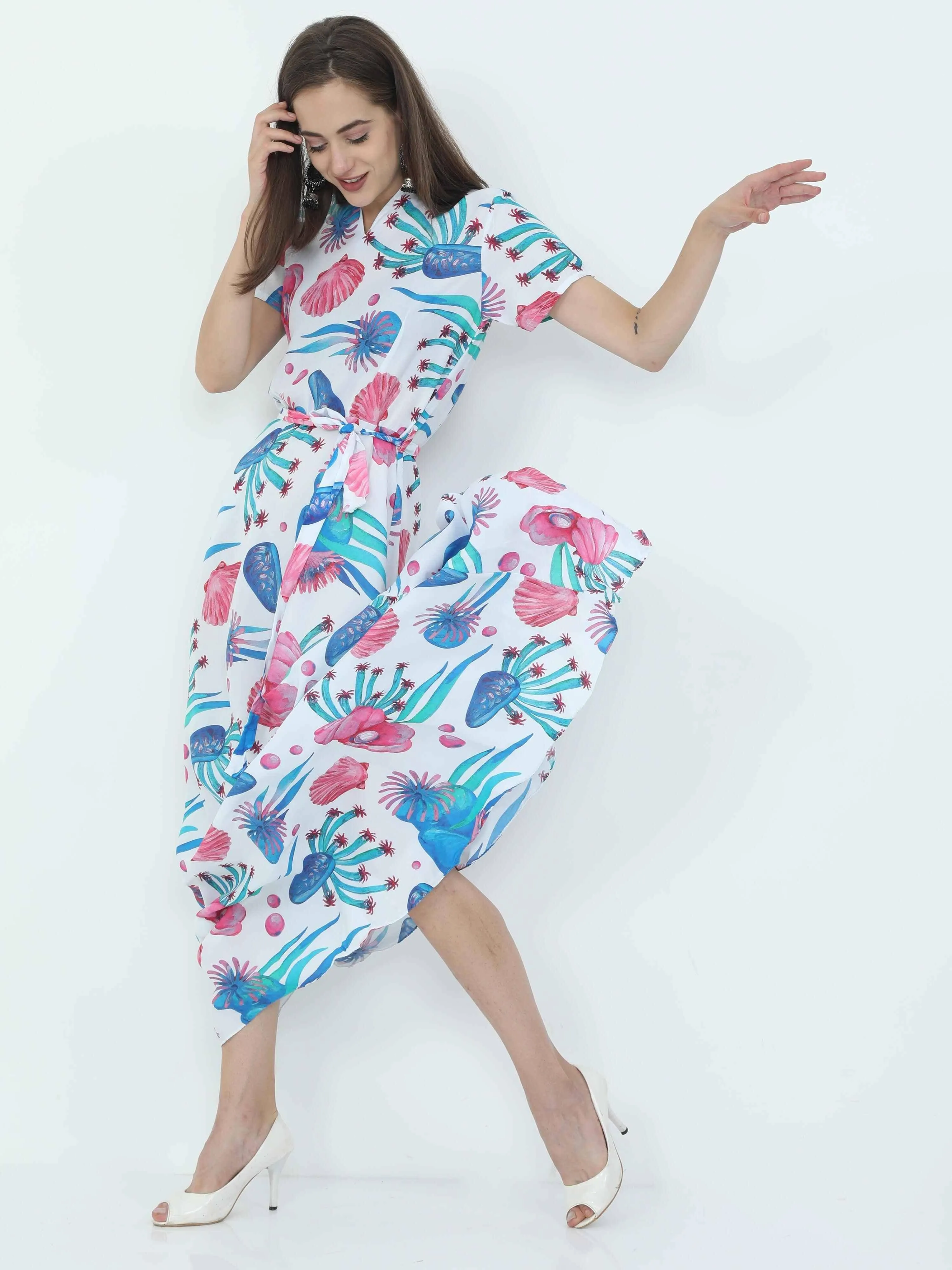 Multicolored Digital Print Fit & Flare Maxi Dress