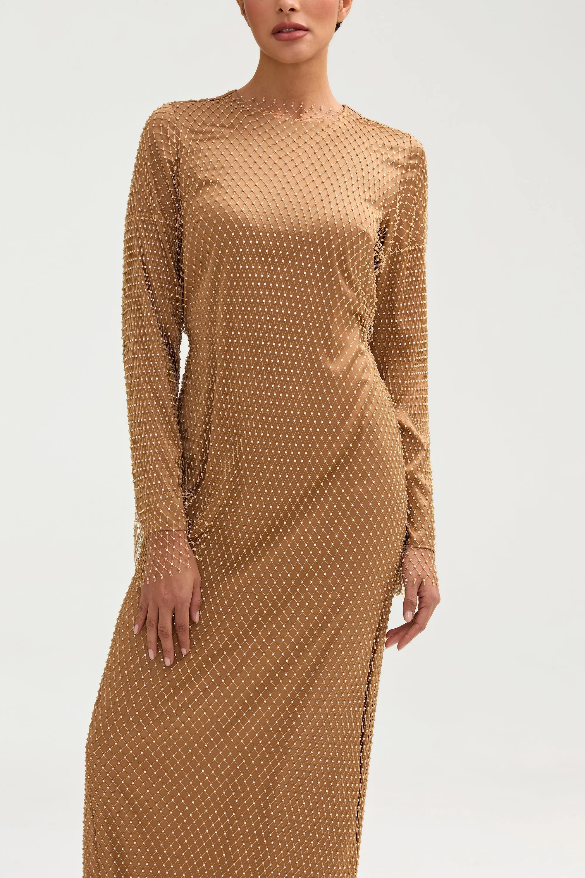 Naila Satin Crystal Maxi Dress - Champagne