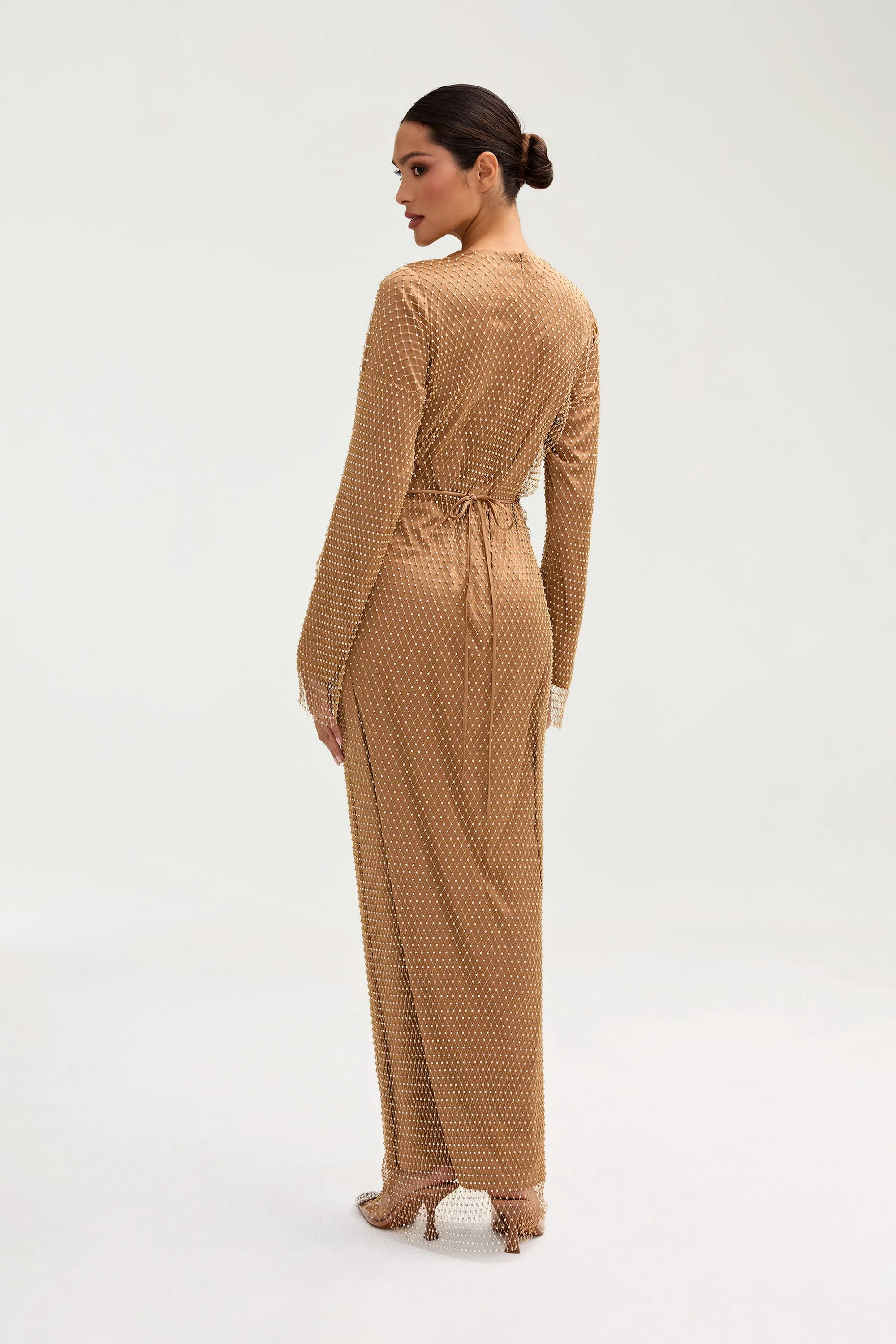 Naila Satin Crystal Maxi Dress - Champagne