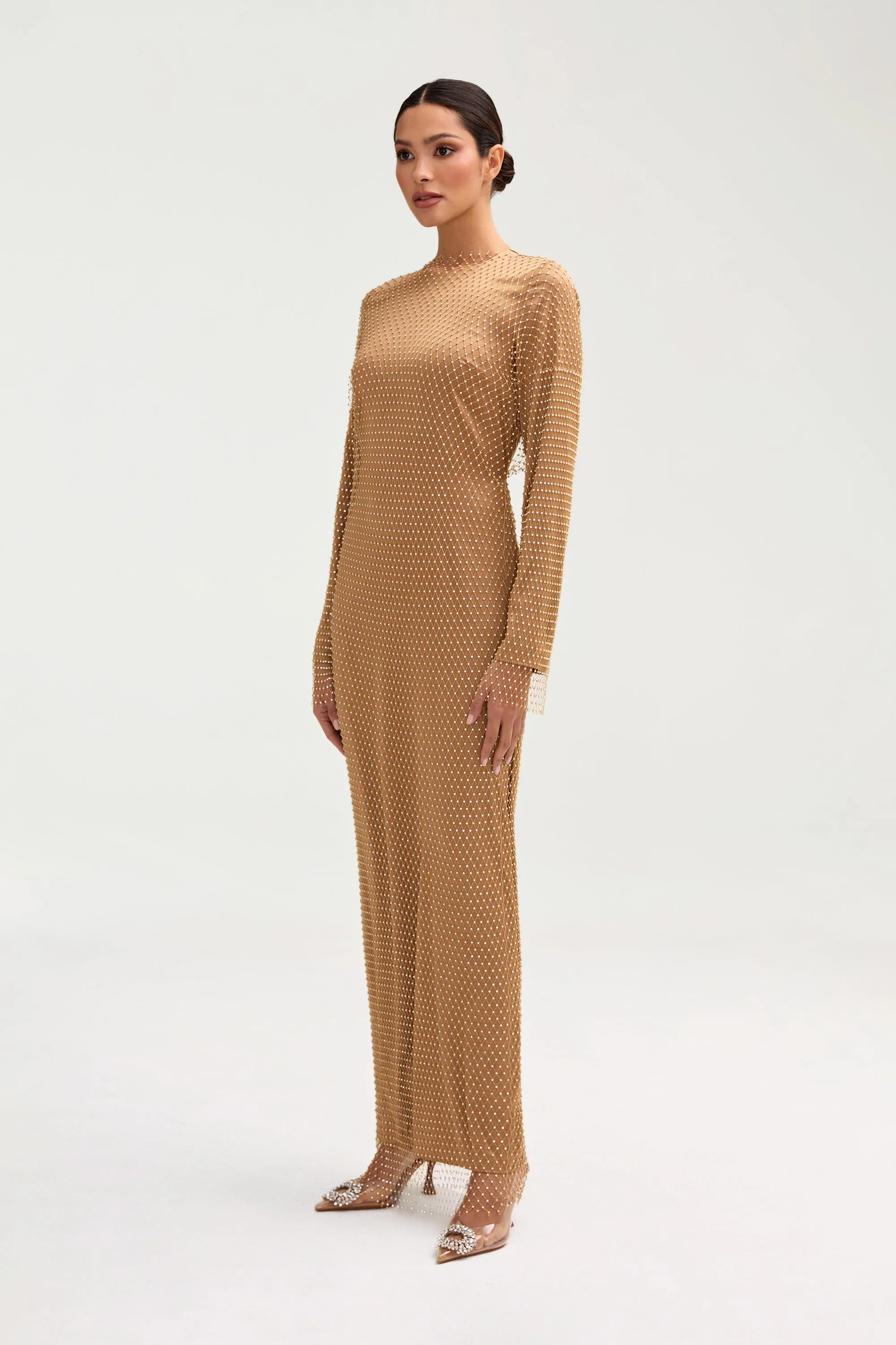Naila Satin Crystal Maxi Dress - Champagne