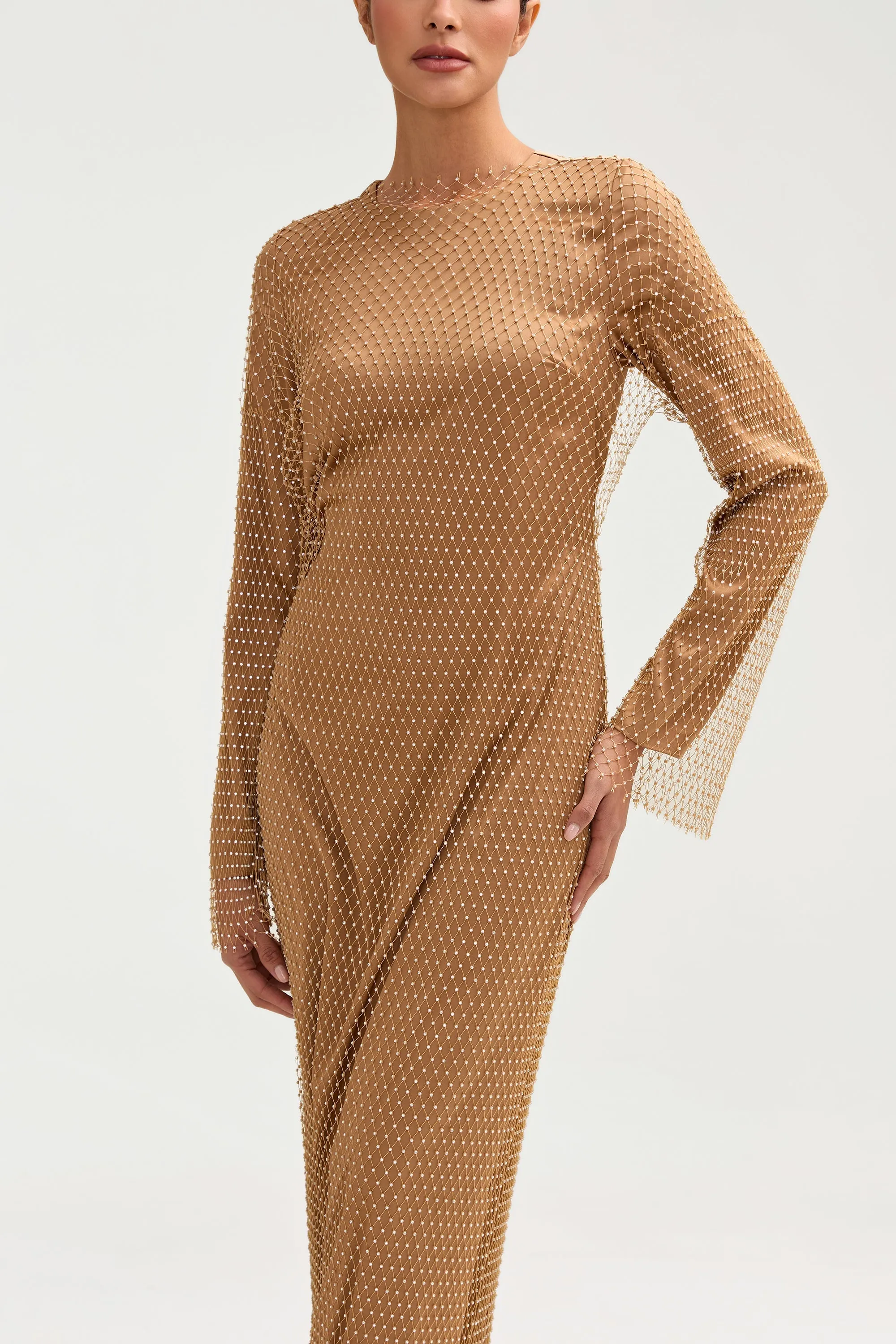 Naila Satin Crystal Maxi Dress - Champagne