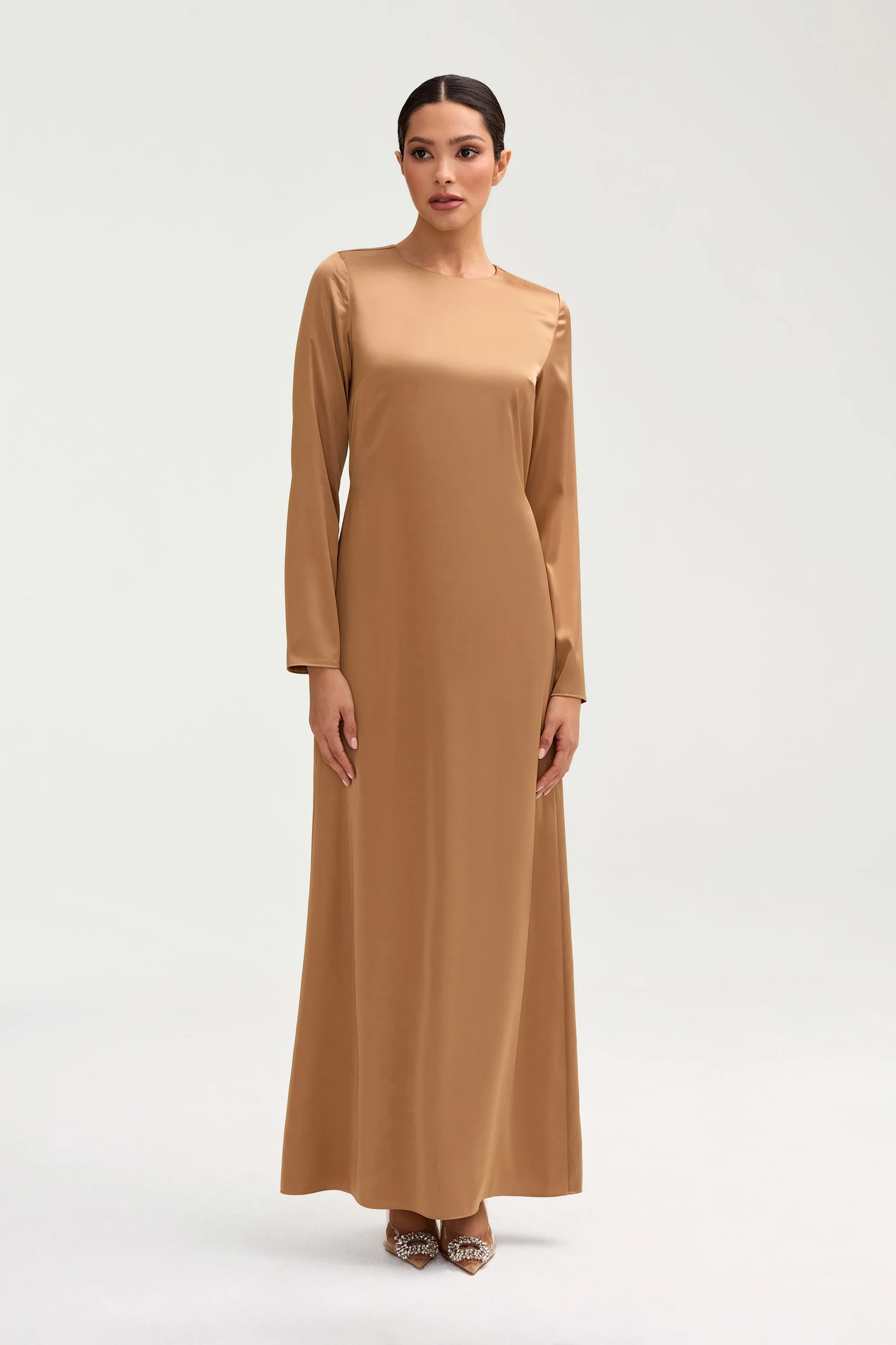 Naila Satin Crystal Maxi Dress - Champagne