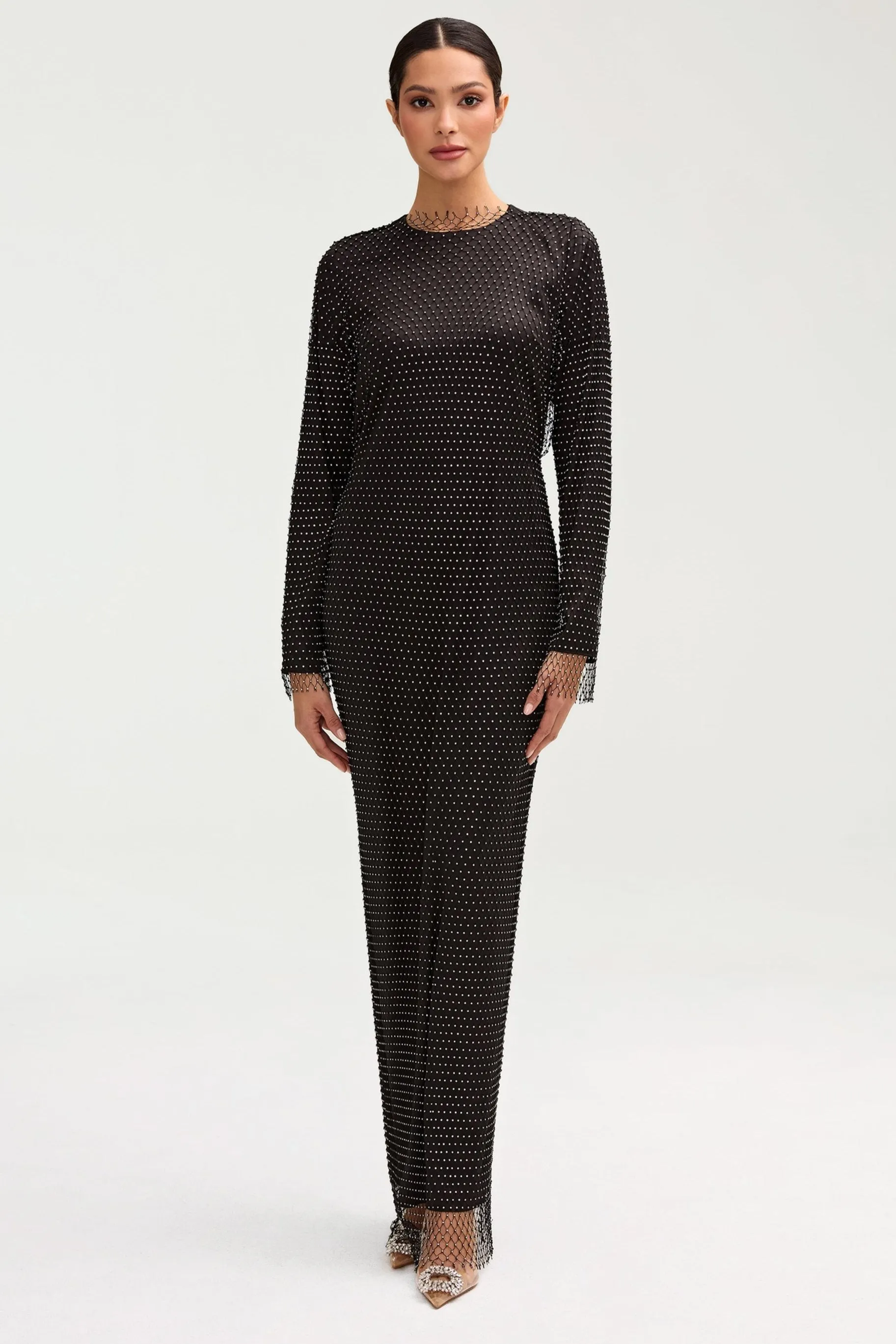 Naila Satin Crystal Mesh Maxi Dress - Black