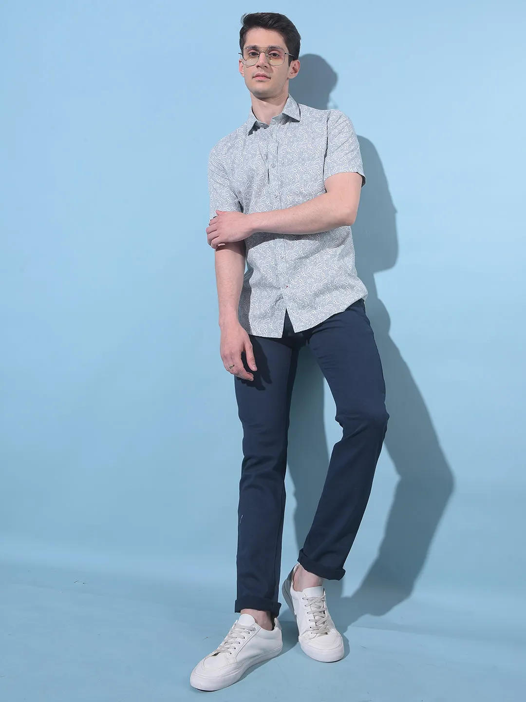 Navy Blue Printed Chinos Trousers