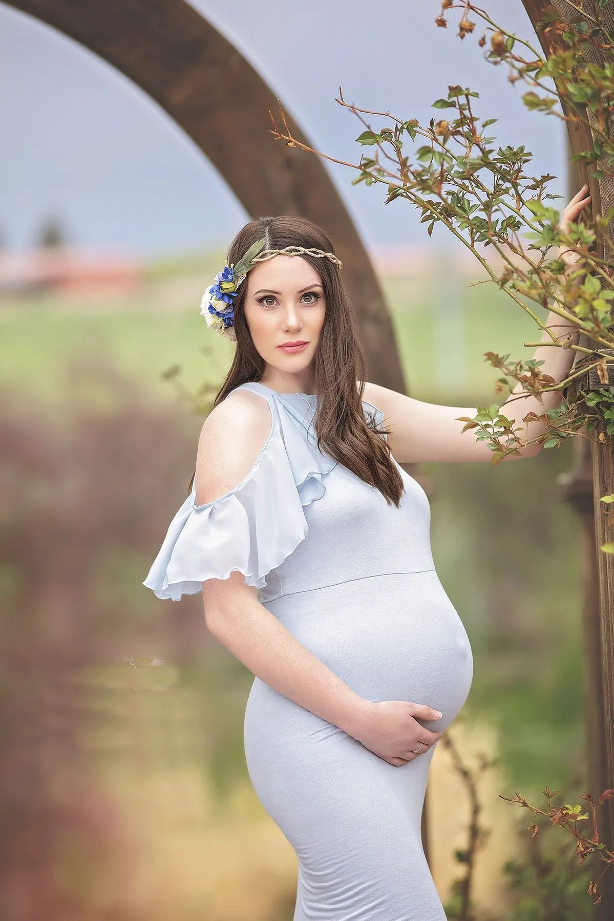 Off Shoulder Ruffle Trim Sleeve Maternity Photoshoot Dress W1014