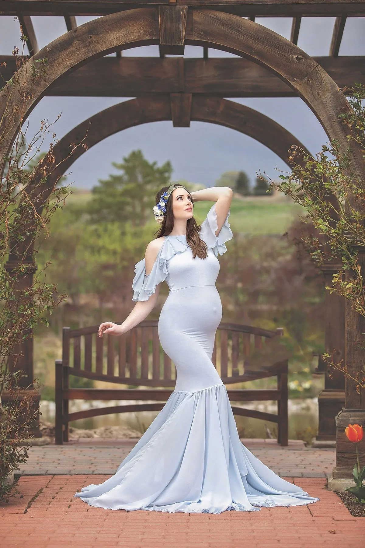 Off Shoulder Ruffle Trim Sleeve Maternity Photoshoot Dress W1014