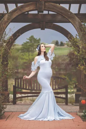 Off Shoulder Ruffle Trim Sleeve Maternity Photoshoot Dress W1014