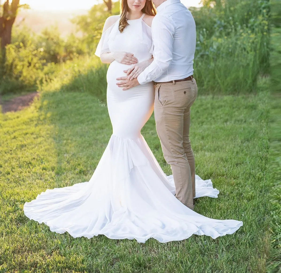 Off Shoulder Ruffle Trim Sleeve Maternity Photoshoot Dress W1014