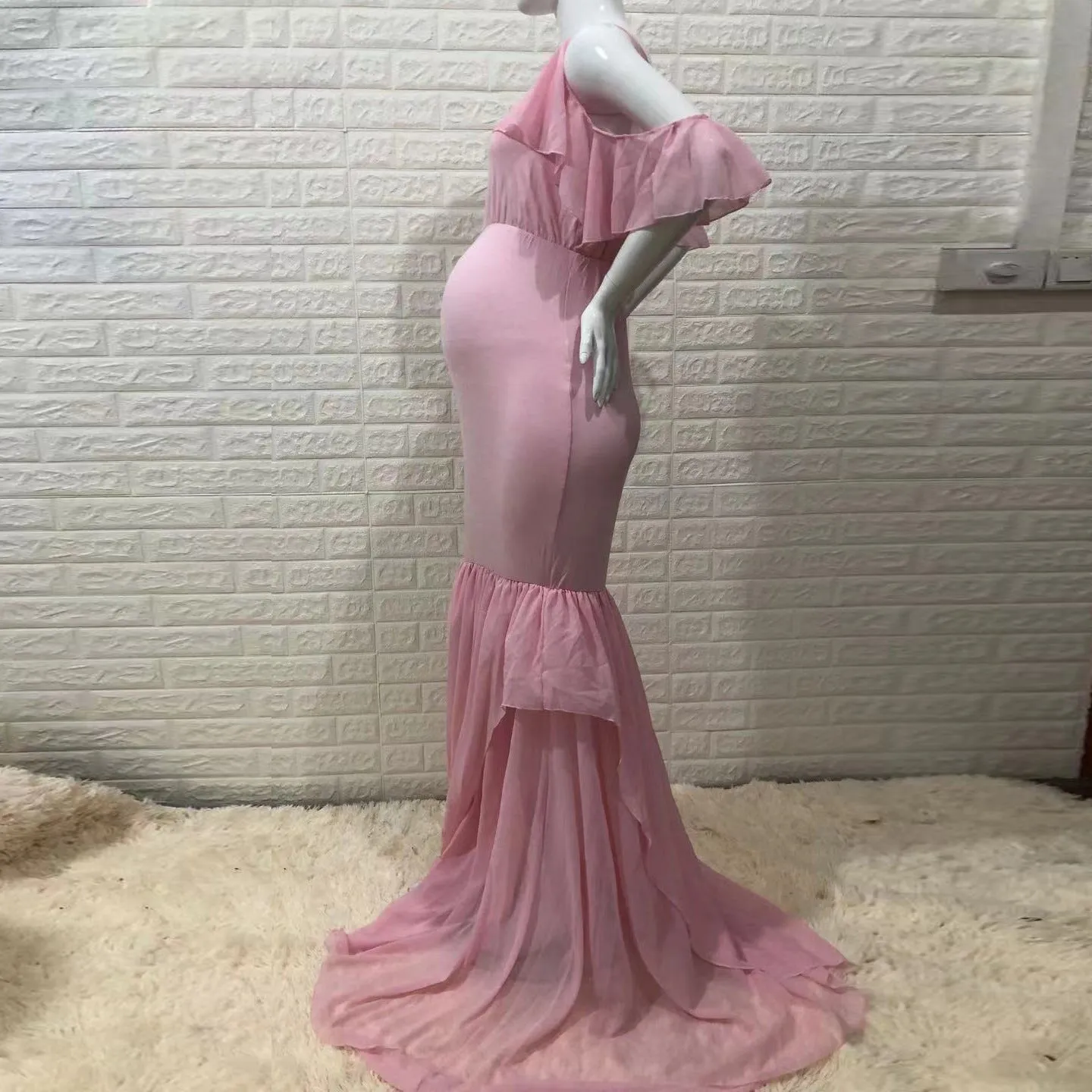 Off Shoulder Ruffle Trim Sleeve Maternity Photoshoot Dress W1014