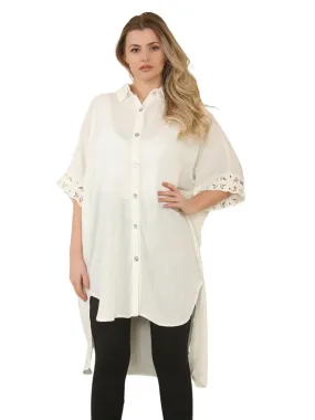Off White Linen Crochet Sleeve Shirt