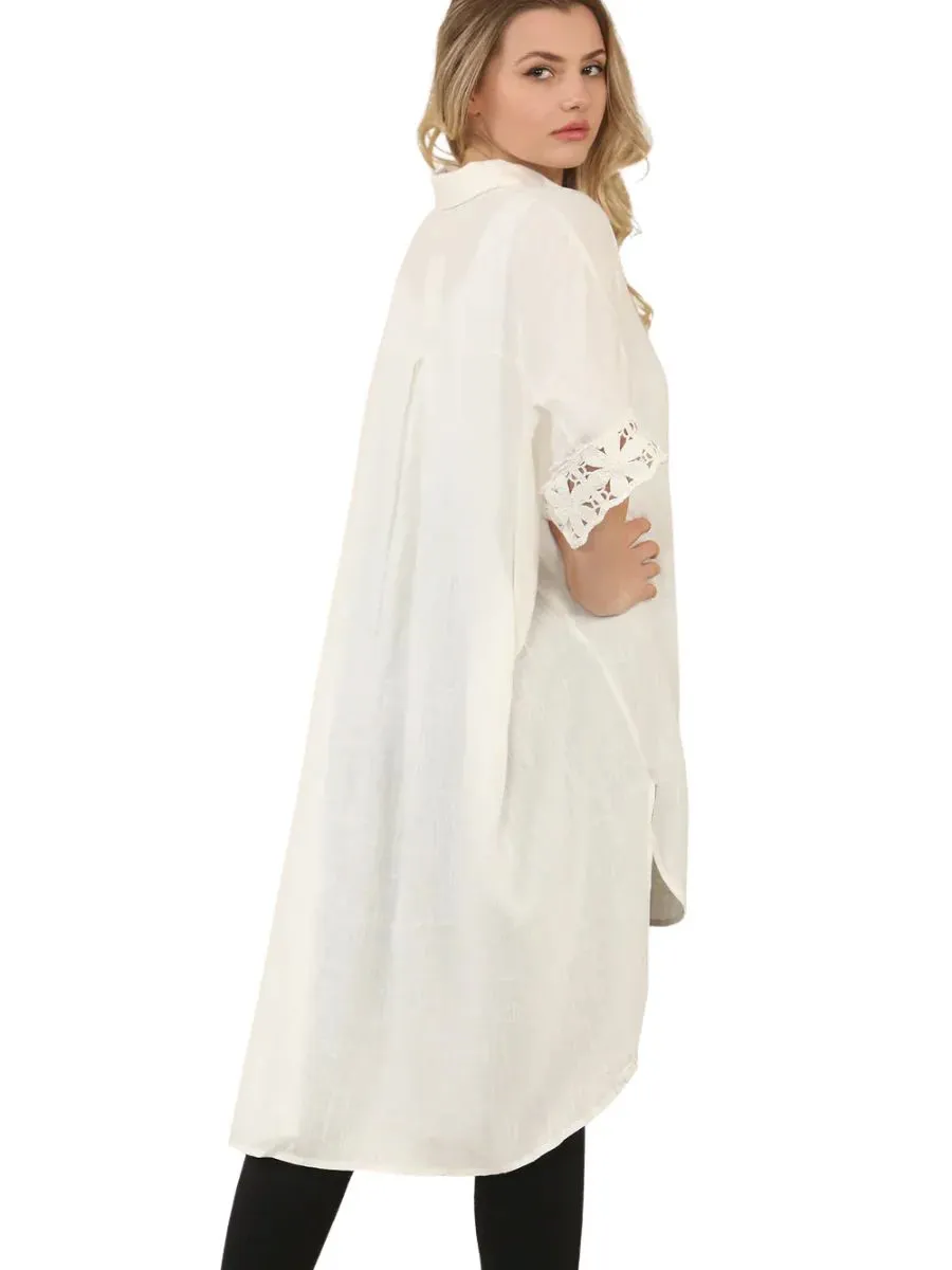 Off White Linen Crochet Sleeve Shirt