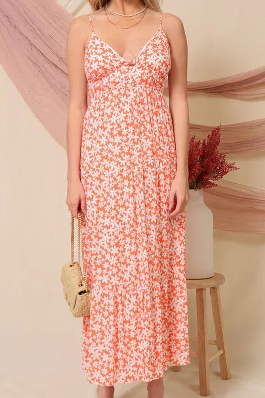 Open Back Daisy Print Maxi Dress