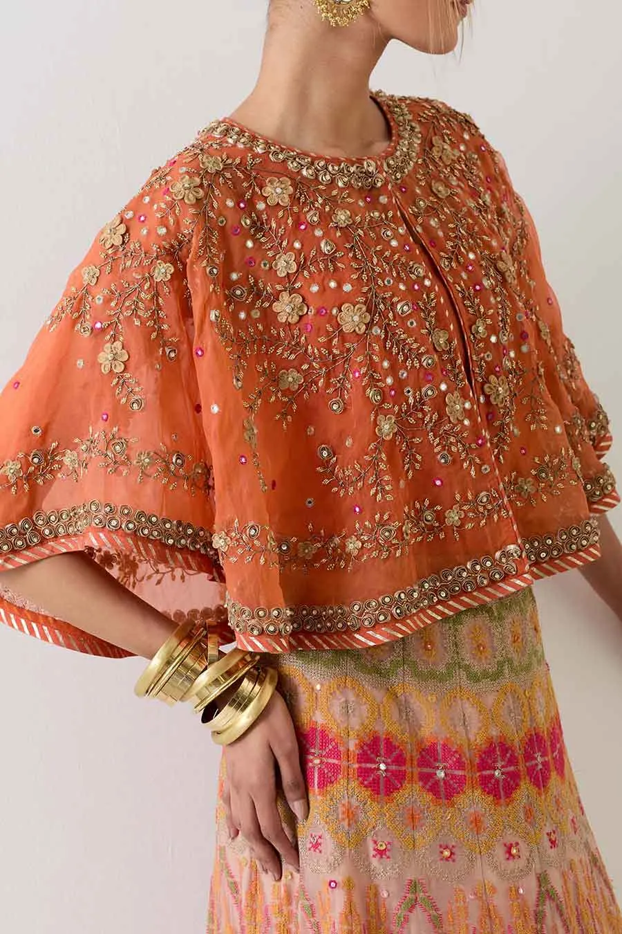 Orange Embroidered Cape & Cross Stitch Lehenga Skirt Set