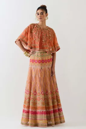 Orange Embroidered Cape & Cross Stitch Lehenga Skirt Set