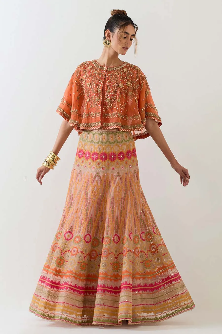 Orange Embroidered Cape & Cross Stitch Lehenga Skirt Set