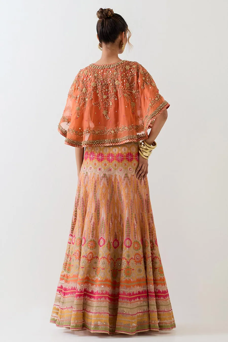 Orange Embroidered Cape & Cross Stitch Lehenga Skirt Set