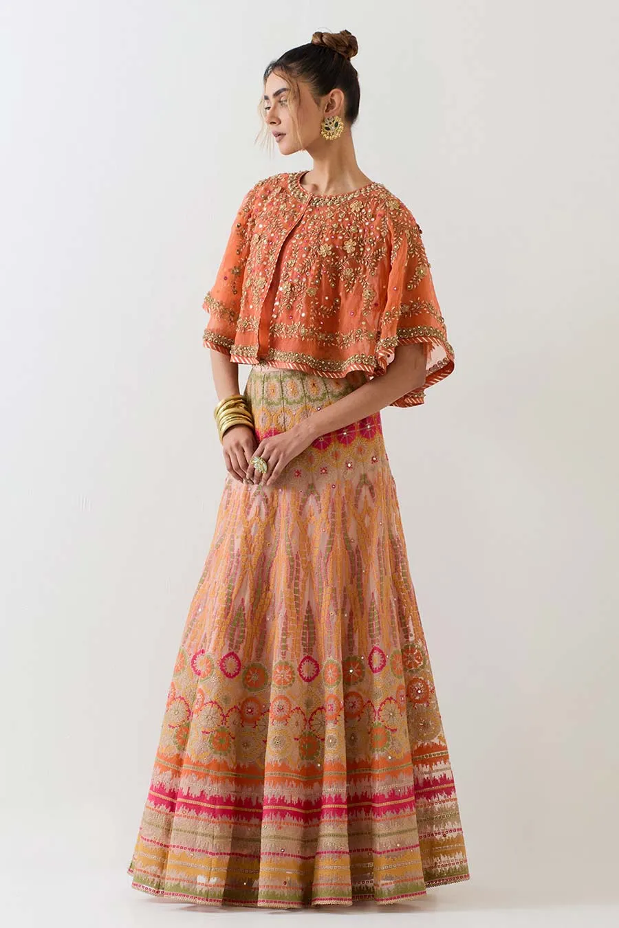 Orange Embroidered Cape & Cross Stitch Lehenga Skirt Set