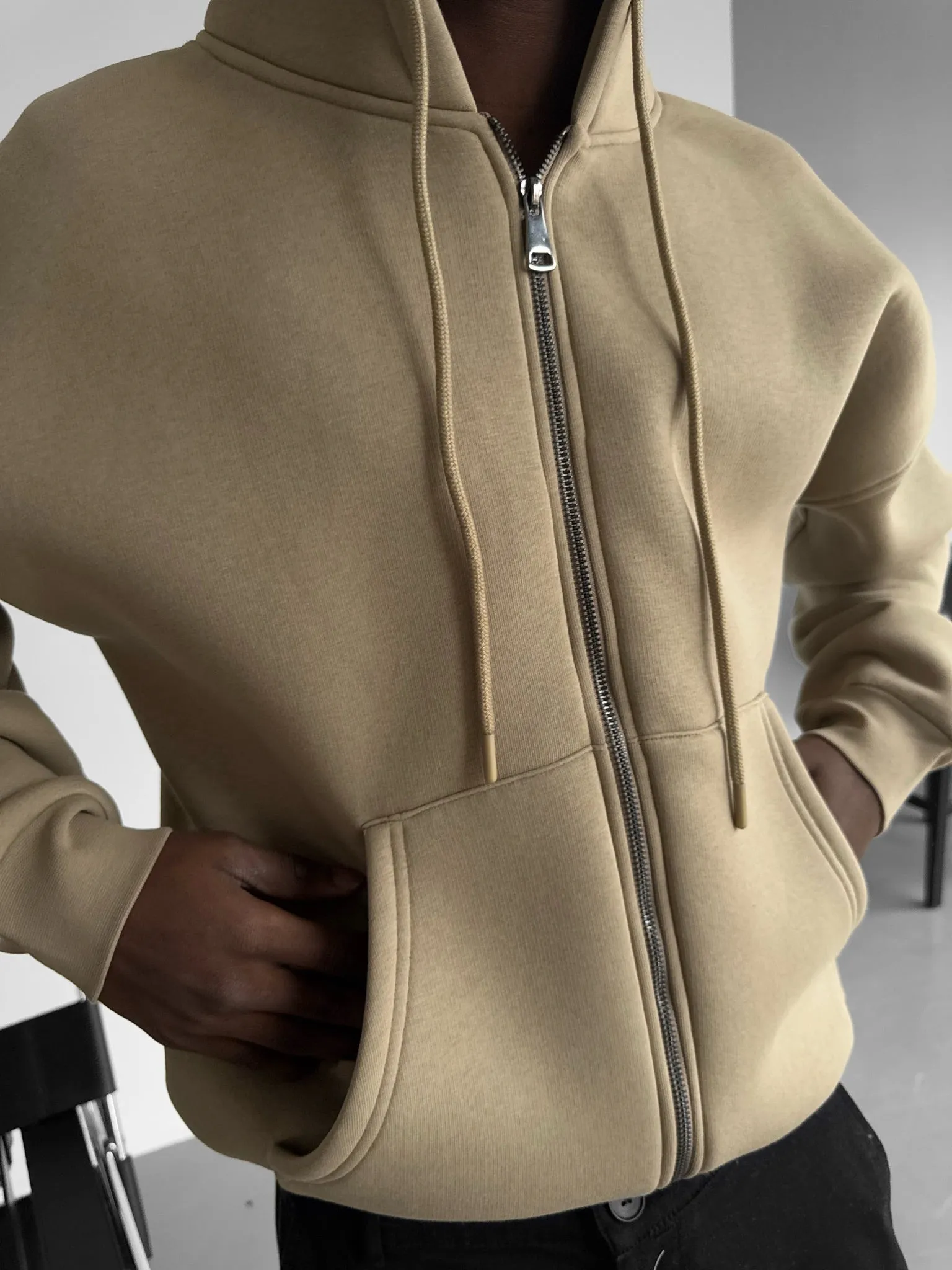 Oversize Basic Zipper Hoodie - Beige