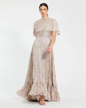 Purple Floral Print High Neck Cape Sleeve A Line Gown