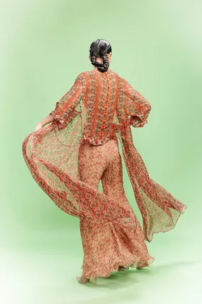 "Mellow Poetry" Chiffon Ditsy Printed Sharara-Bustier with a Cape