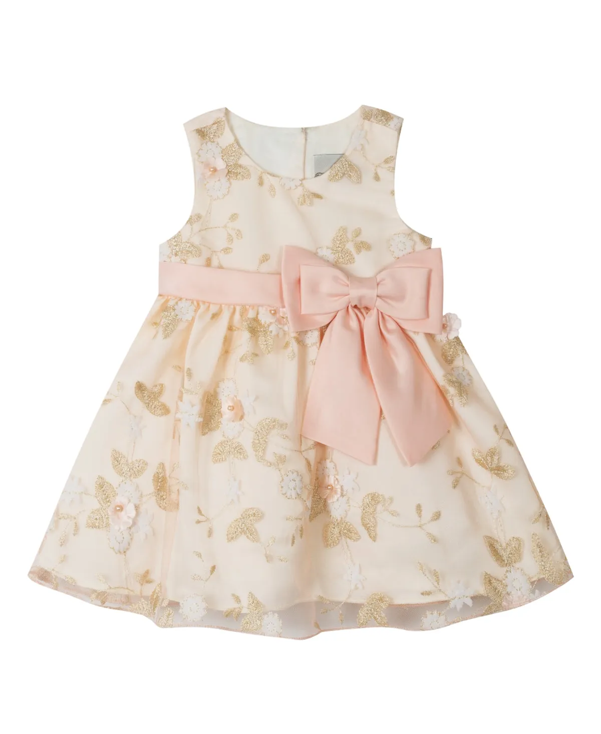 Rare Editions Baby Girls Embroidered Mesh Sleeveless Dress with Bow - Peach