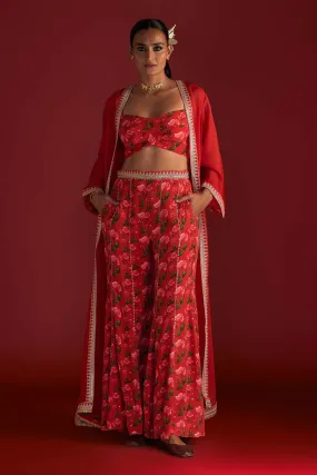 Red Rain Lily Embellished Co-Ord Set With Cape