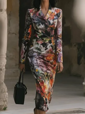 Retro Elegant V-Neck Slim Fit Printed Maxi Dress