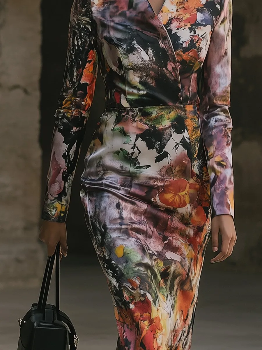 Retro Elegant V-Neck Slim Fit Printed Maxi Dress