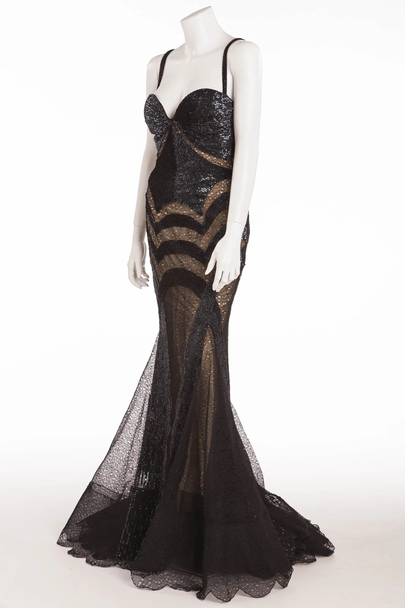 Roberto Cavalli - As Seen On Christina Aguilera - Black Beaded Dress Embellished with Lace - IT 42
